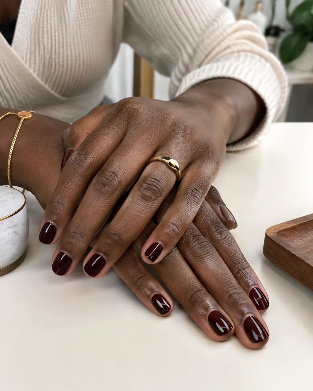 Close-up of a burgundy manicure